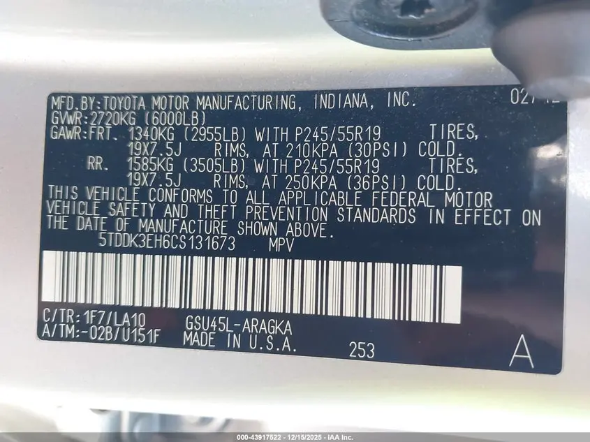 2012 TOYOTA HIGHLANDER LIMITED V6