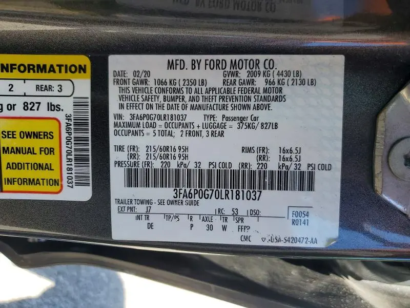 2020 FORD FUSION S  