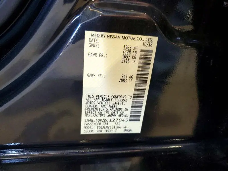 2019 NISSAN ALTIMA SV  