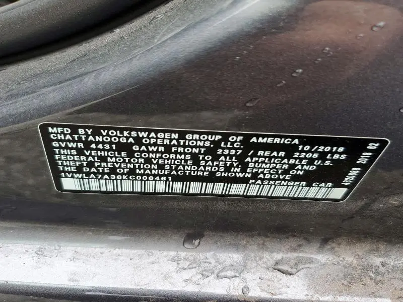 2019 VOLKSWAGEN PASSAT WOLFSBURG  