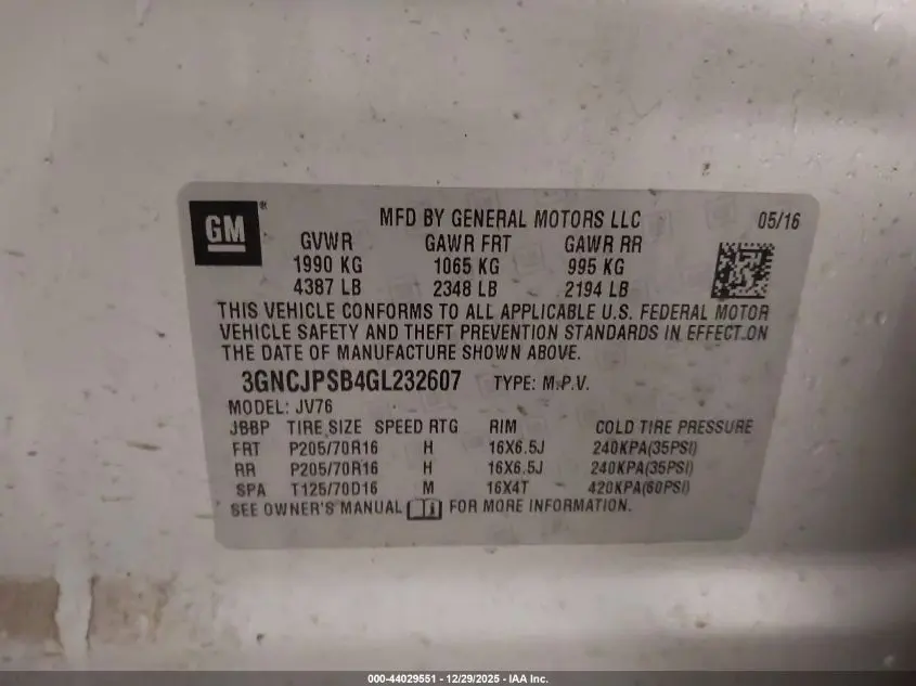 2016 CHEVROLET TRAX LT