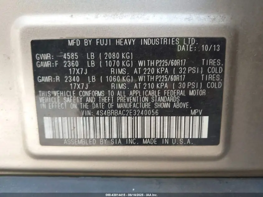 2014 SUBARU OUTBACK 2.5I