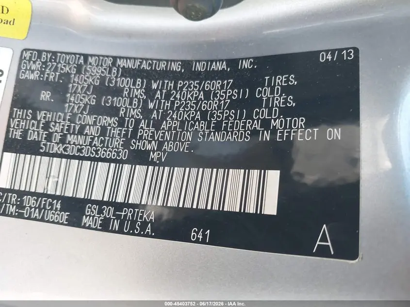 2013 TOYOTA SIENNA LE V6 8 PASSENGER