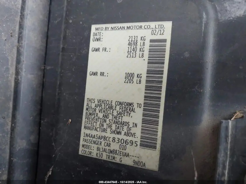 2012 NISSAN MAXIMA 3.5 S