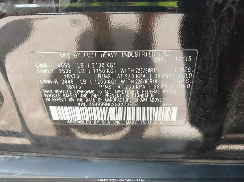 2016 SUBARU OUTBACK 2.5I LIMITED