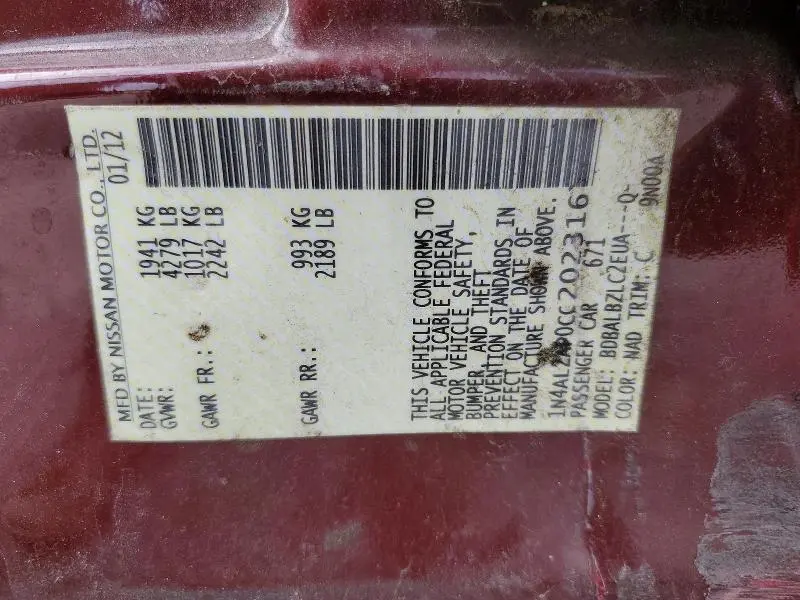 2012 NISSAN ALTIMA BASE  