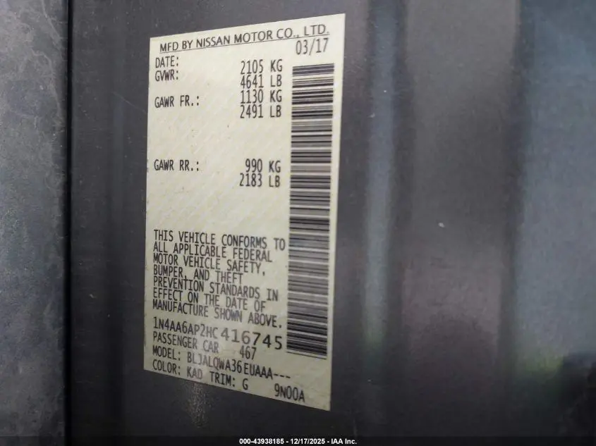 2017 NISSAN MAXIMA 3.5 S