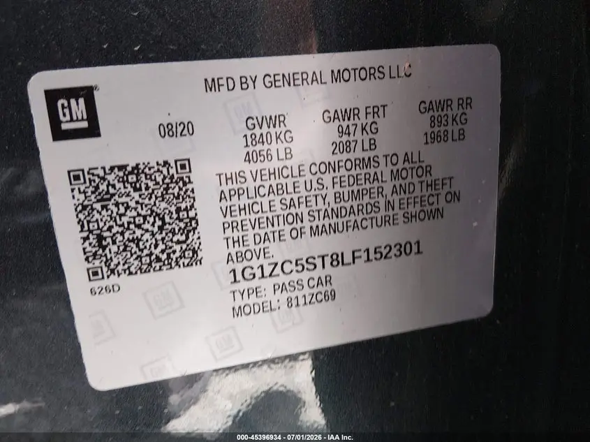 2020 CHEVROLET MALIBU FWD 1FL