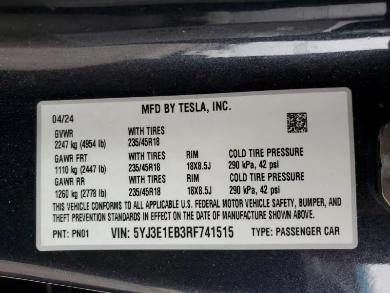 2024 TESLA MODEL 3   