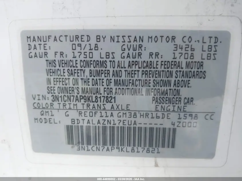 2019 NISSAN VERSA 1.6 S+