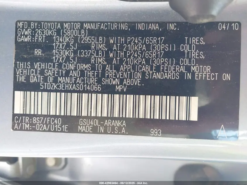 2010 TOYOTA HIGHLANDER BASE V6