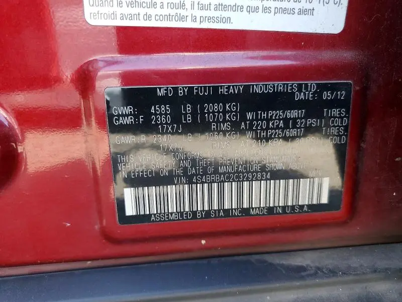 2012 SUBARU OUTBACK 2.5I  