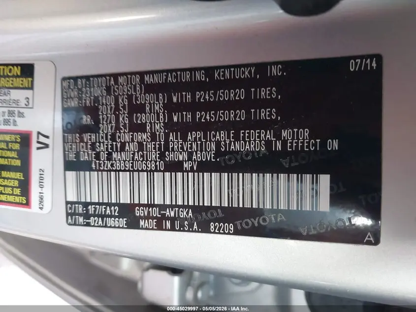 2014 TOYOTA VENZA LE V6