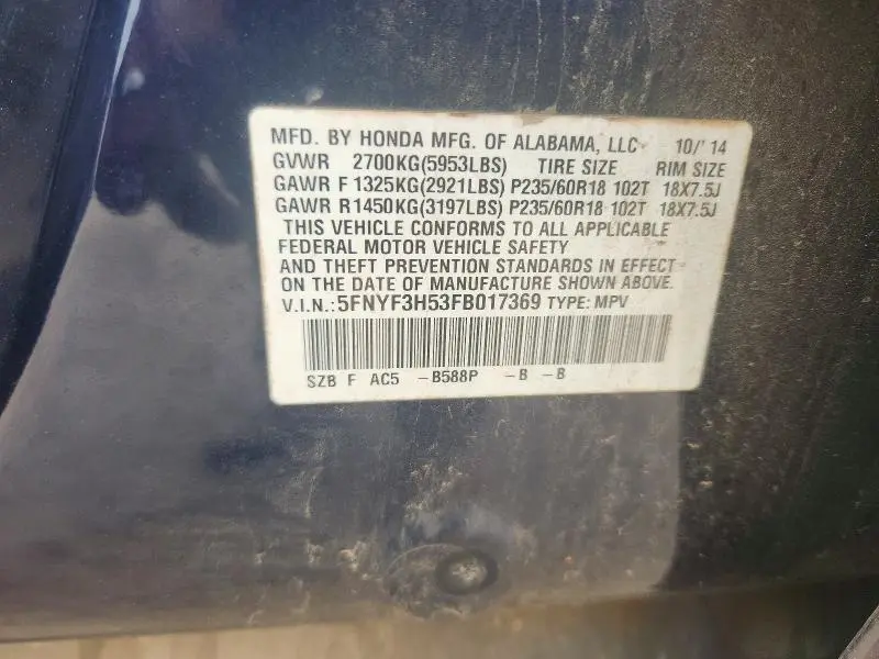 2015 HONDA PILOT EXL  
