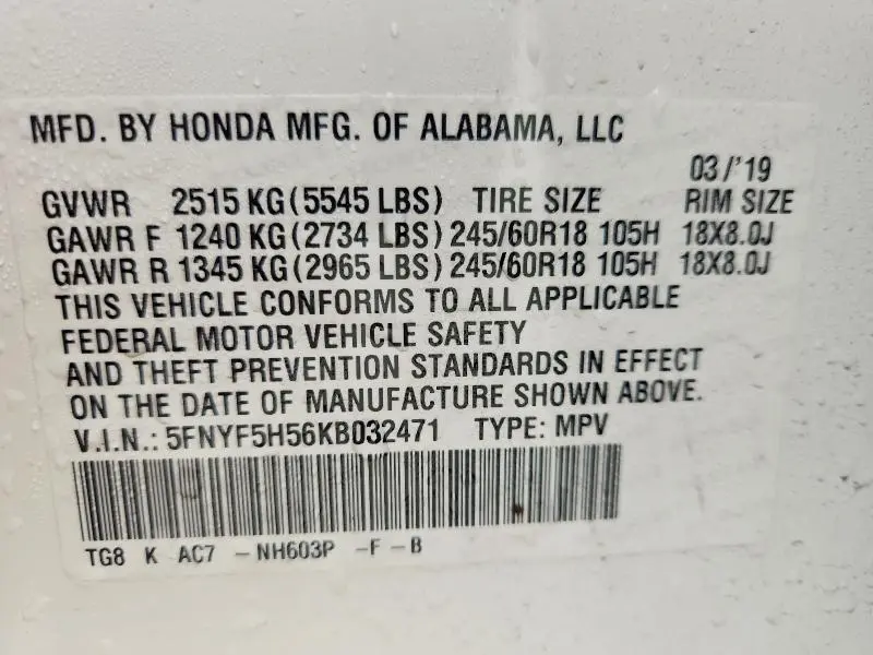 2019 HONDA PILOT EXL  