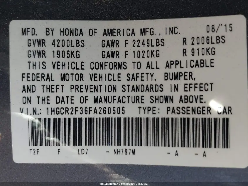 2015 HONDA ACCORD LX