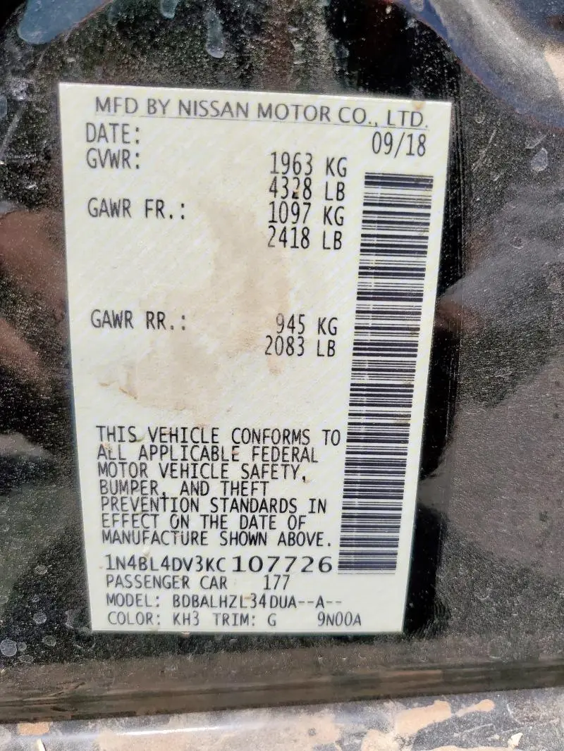 2019 NISSAN ALTIMA SV  