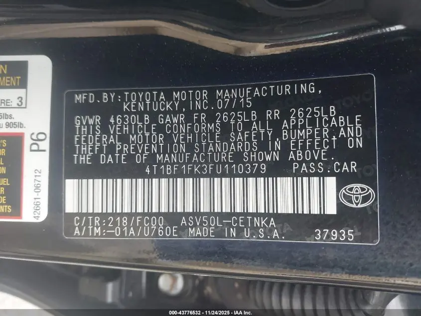 2015 TOYOTA CAMRY LE