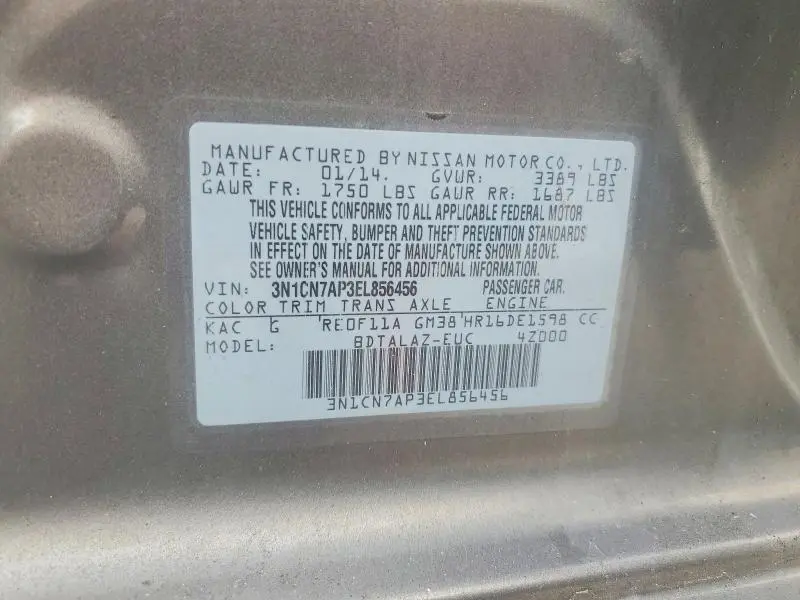 2014 NISSAN VERSA 1.6 S PLUS  