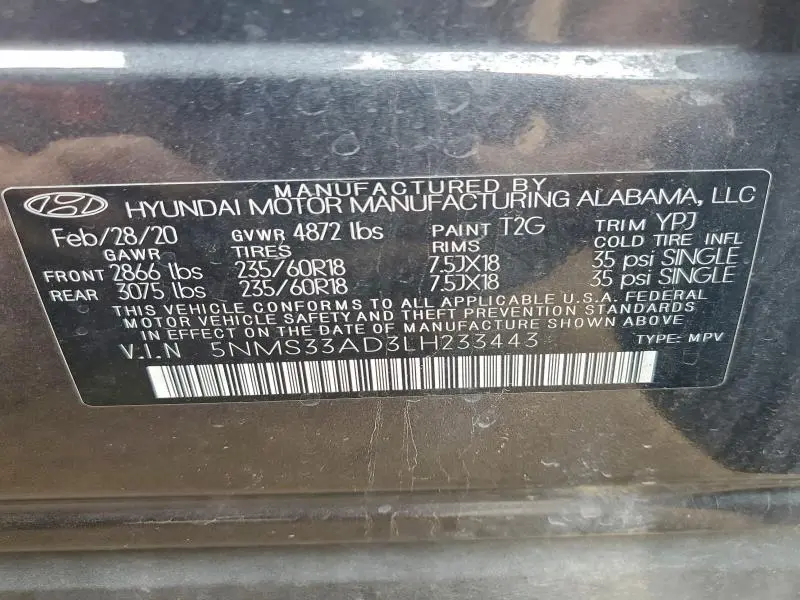 2020 HYUNDAI SANTA FE SEL  