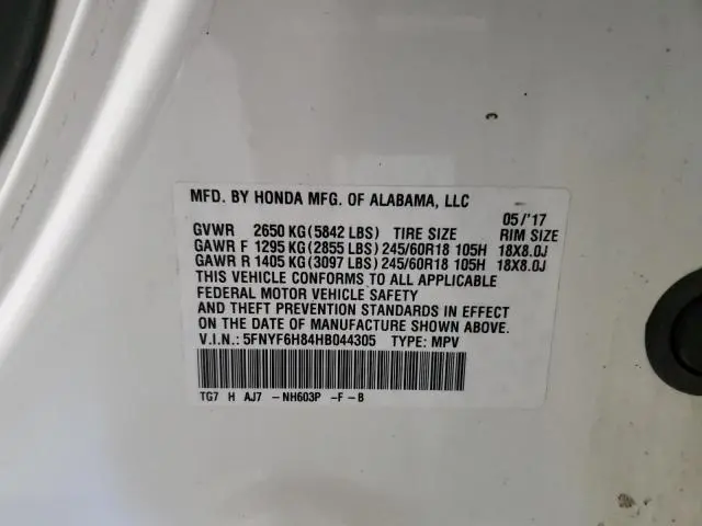 2017 HONDA PILOT EXL  