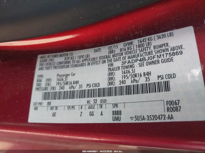 2015 FORD FIESTA SE