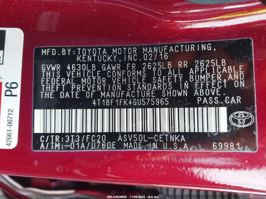 2016 TOYOTA CAMRY LE