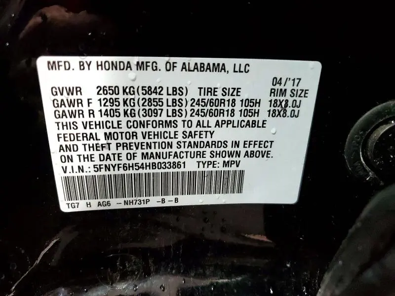2017 HONDA PILOT EXL  