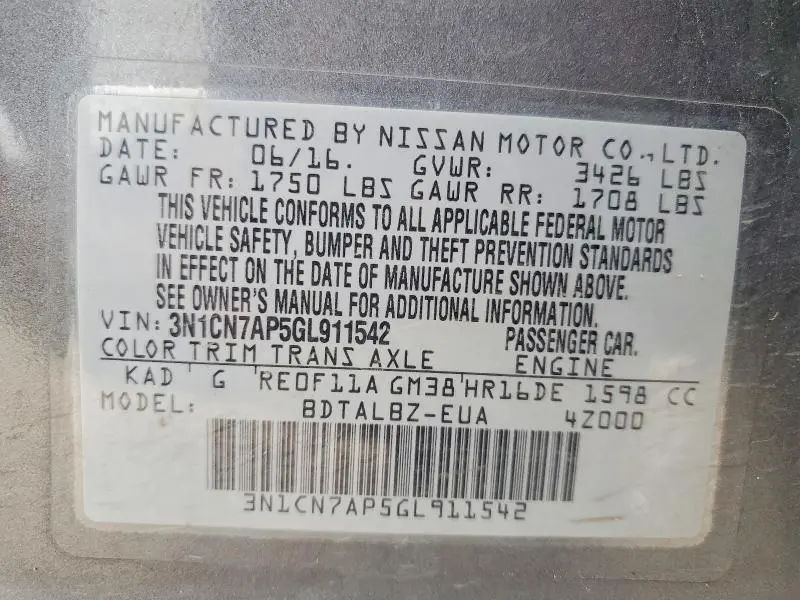 2016 NISSAN VERSA 1.6 SV  