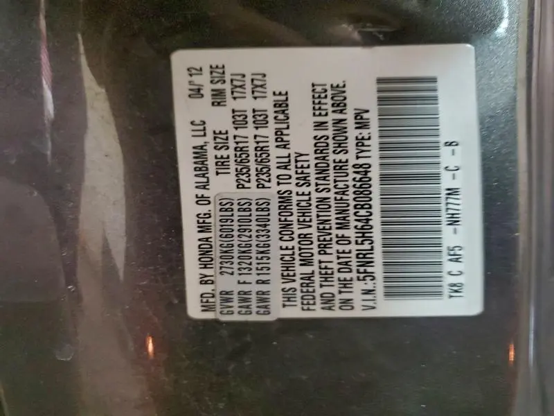 2012 HONDA ODYSSEY EXL  