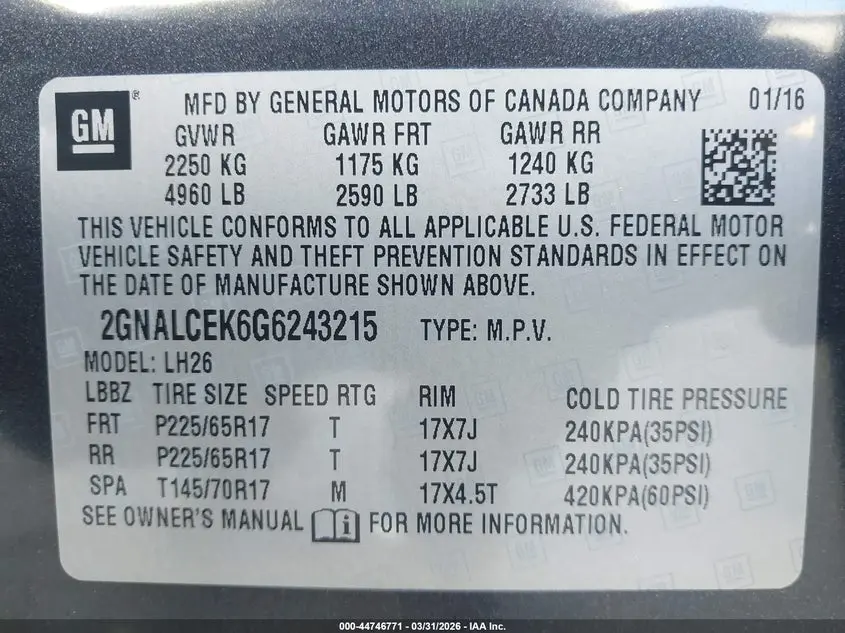 2016 CHEVROLET EQUINOX LT