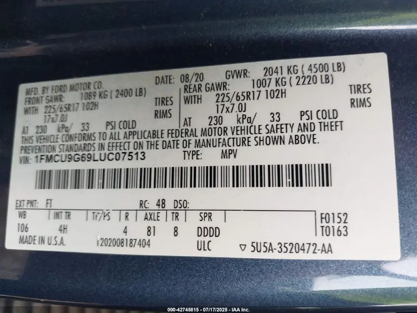 2020 FORD ESCAPE SE