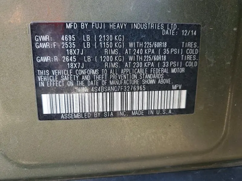 2015 SUBARU OUTBACK 2.5I LIMITED  