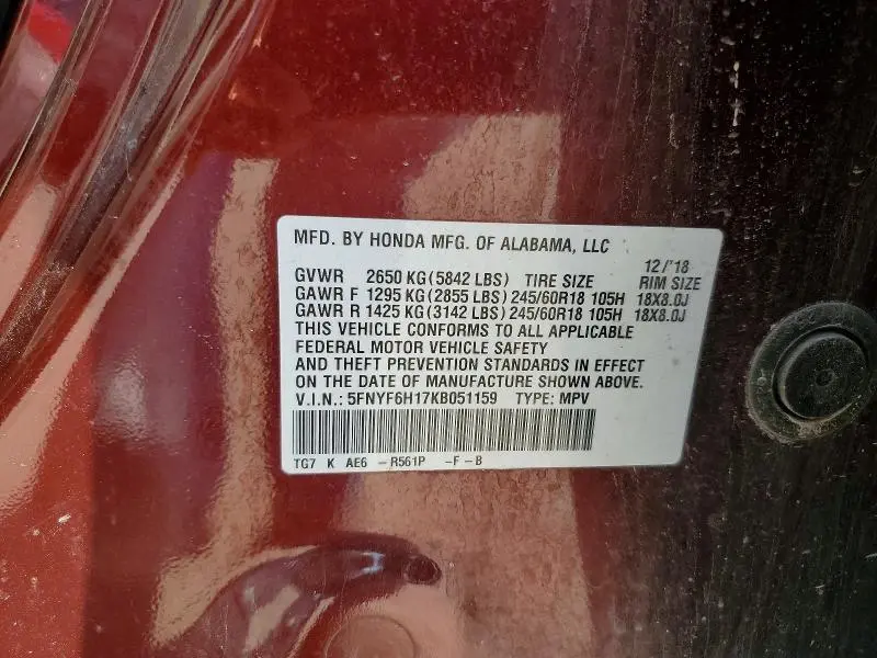 2019 HONDA PILOT LX  