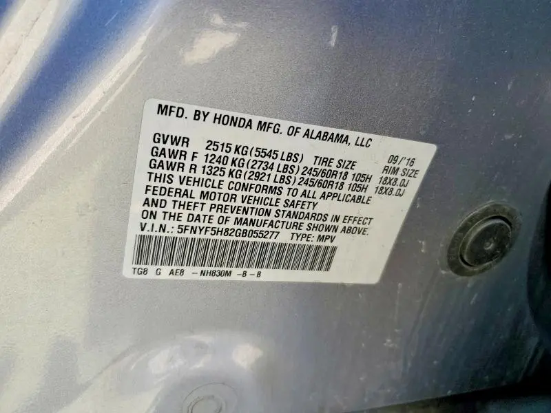 2016 HONDA PILOT EXL  