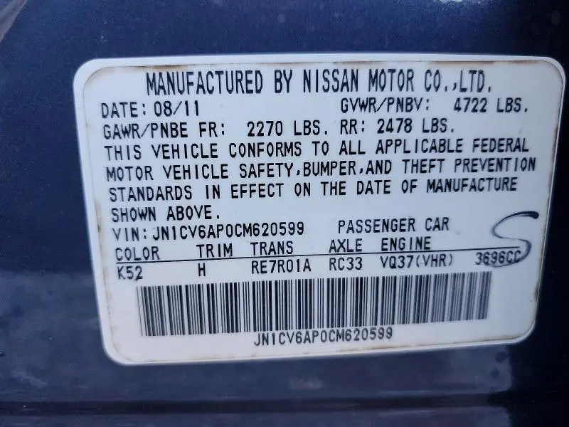 2012 INFINITI G37 BASE  