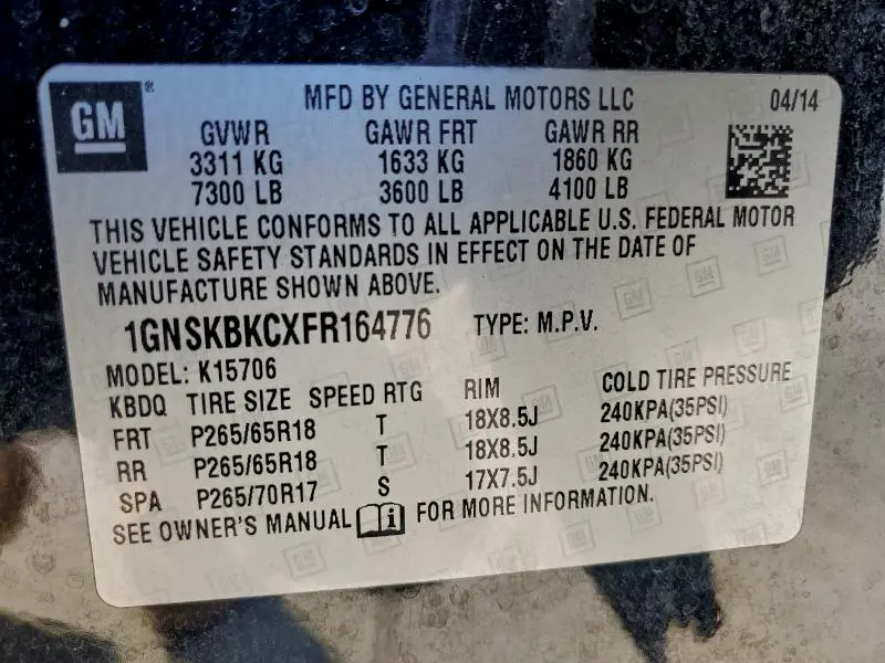 2015 CHEVROLET TAHOE K1500 LT  