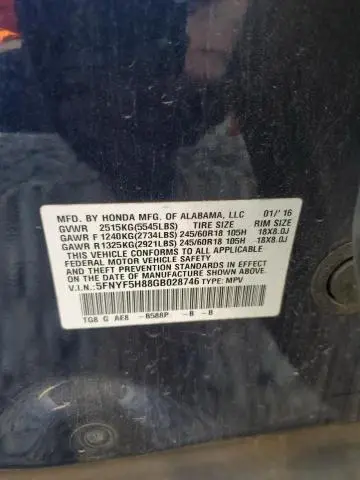 2016 HONDA PILOT EXL  