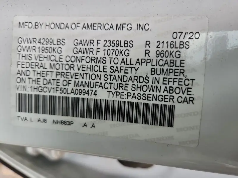 2020 HONDA ACCORD EXL  