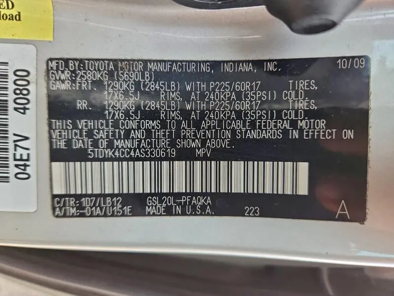 2010 TOYOTA SIENNA XLE  