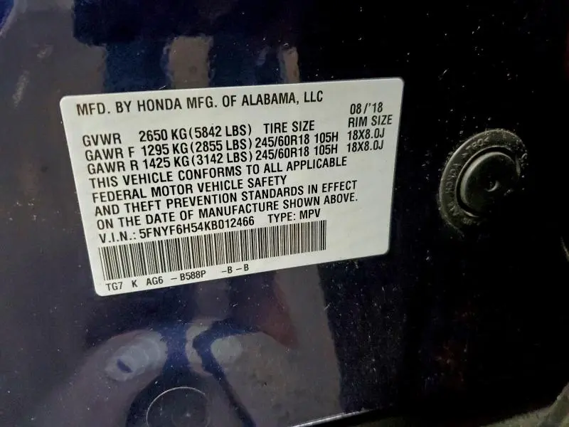 2019 HONDA PILOT EXL  