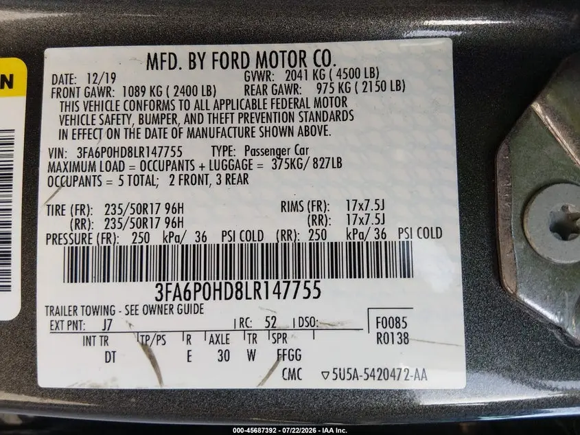 2020 FORD FUSION SE