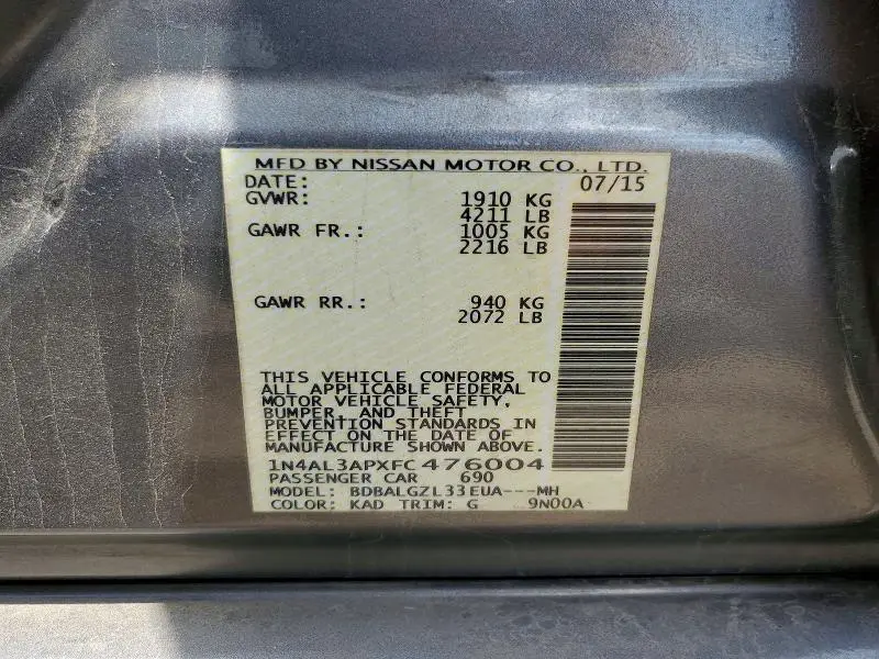 2015 NISSAN ALTIMA 2.5 S  
