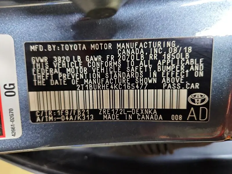2019 TOYOTA COROLLA L  