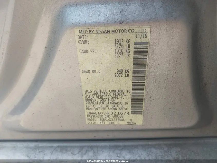 2017 NISSAN ALTIMA 2.5 S
