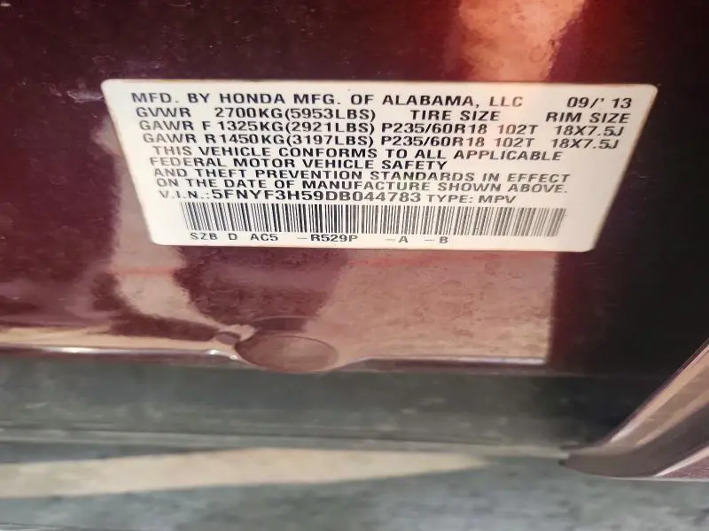 2013 HONDA PILOT EXL  