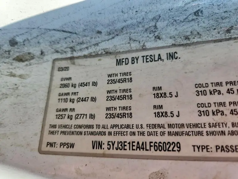 2020 TESLA MODEL 3   