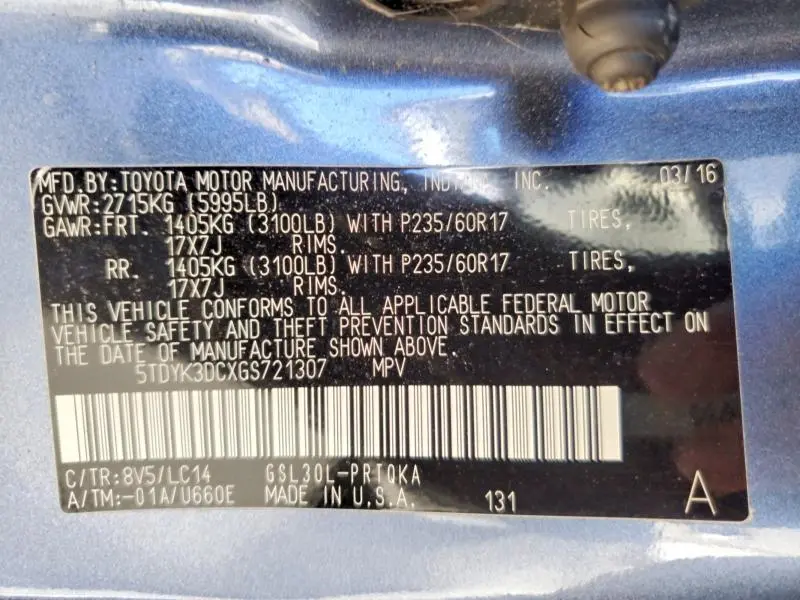 2016 TOYOTA SIENNA XLE 8-PASSENGER  