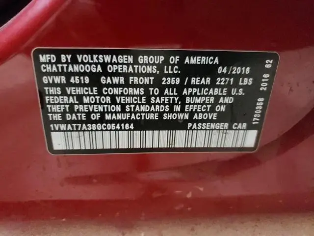 2016 VOLKSWAGEN PASSAT S  