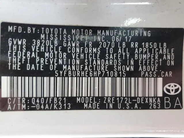 2017 TOYOTA COROLLA L  